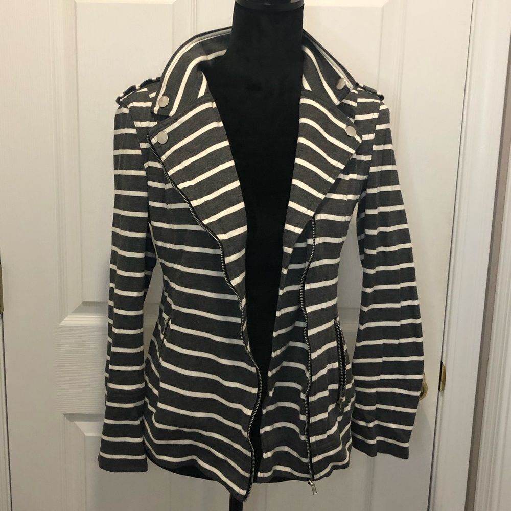 Market & Spruce gray and white striped zip front jacket size medium - Picture 2 of 15